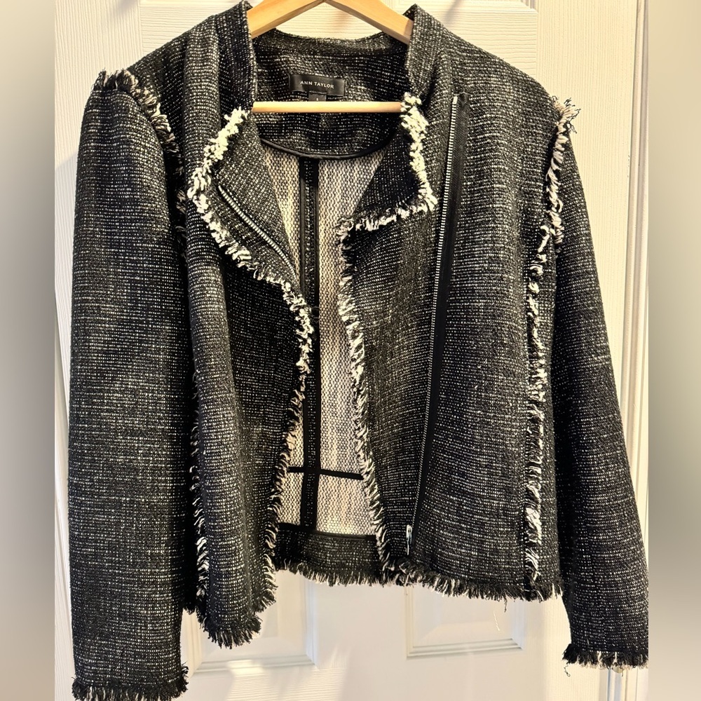 Ann Taylor Fringe Black and WhiteTweed Moto Jacket